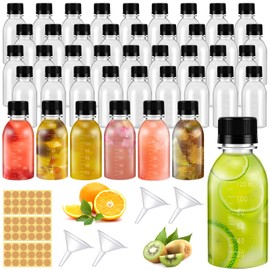 42 Pcs 4oz Plastic Bottles for Liquids, Mini Jars with Lids juice shot bottles with caps with Scale and Labels for Juice Ginger Sauce Bulk Portable Travel (42pcs, 4OZ)