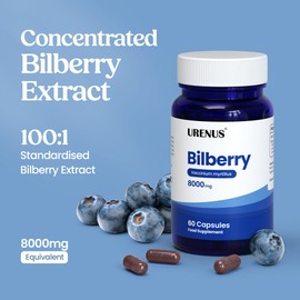 Bilberry 8000mg Capsules – Bilberry Extract Supplement for Eye Health & Vision Support – 60 Vegan Capsules – Made in UK