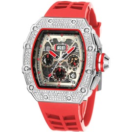 Gosasa Mens Unique Punk Bling Iced Out Dress Watches Tonneau Rectangle Watches for Men Waterproof Analog Chronograph Sports Watch Silicone Band