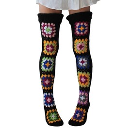 Mylleure Crochet Socks for Women Y2k Granny Square Over Knee High Stockings Warm Chunky Knitted Long Leg Warmers Boot Socks (Black (Random Square), ONE SIZE)