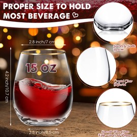 Mimorou Stemless Wine Glasses with Gold Rim, Set of 8, 15 oz Red Wine Glasses Durable Wine Glasses Crystal Drinking Glasses Drinkware for Christmas Party, Wedding All Beverages