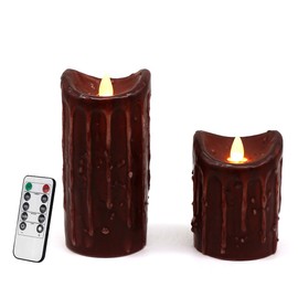 CVHOMEDECO. Real Wax Hand Dipped Battery Operated LED Pillar Candles with Timer and Remote Control, Primitives Rustic Flickering Dancing Flame Lights Décor, H 6 & 4 Inch, Set of 2 (Burgundy)