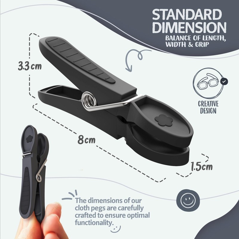 PORTENTUM Clothes Pegs with Non-Slip Rubber, Pack of 48, Black