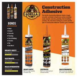 Gorilla Heavy Duty Construction Adhesive, White Glue, 9 Ounce Cartridge (Pack of 12) - Gap Filling and Waterproof