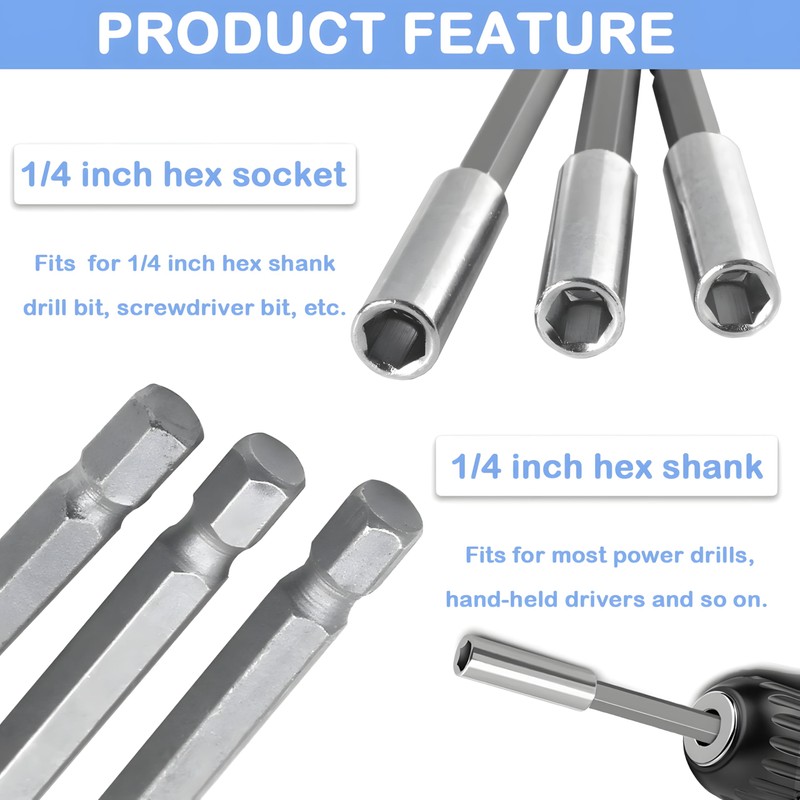 3-Piece Bit Extension Bit Holder Bit Holder Set, 1/4 Inch