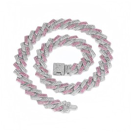 Yonghao Pavilion Cuban Link Chain Mens Iced Out Miami Cuban Necklace Silver/Gold Bling Diamond Hip Hop Necklace Jewelry for Women (Silver Pink, 20in)