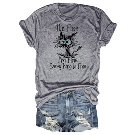 Women's I'm Fine Everything is Fine T-Shirts Short Sleeve Sayings Oversized Casual Cute Cat Graphic Tee Blouse Tops L Light Grey