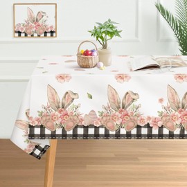 DISENB Easter Tablecloth 60 x 102 Inch, Buffalo Plaid Bunny Ear Foot Flowers Table Cloth, Stain and Wrinkle Resistant Washable Rectangle Table Cover for Spring Easter Holiday Party Dinner Table Decor