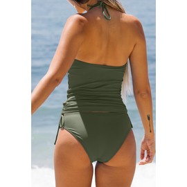 Traje de baño para mujer, color liso, con cordón lateral, cuello halter, color negro, talla S, Verde militar, S