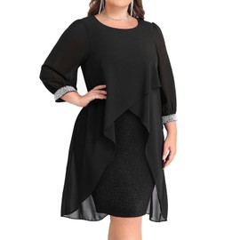 Talisea Plus Size Black Dress Cocktail Party Wedding Guest Evening Chiffon Cape 3/4 Sleeves Semi Formal Curvy Women Elegant
