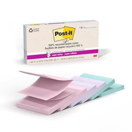 Post-it Super Sticky Notas emergentes 100% recicladas, 3 pulgadas x 3 pulgadas, 70 hojas, 6 almohadillas para orejas, colección Wanderlust, suministros de regreso a la escuela y productos de oficina