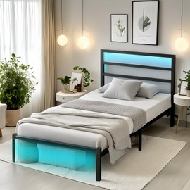 CLIBFENG Twin Bed Frame with Headboard,Heavy Duty Steel Slats Support-LED Bed Frame with USB Charging Station,Metal Platform Bed Frame-Under Bed Storage, No Box Spring Needed, Noise Free，Black