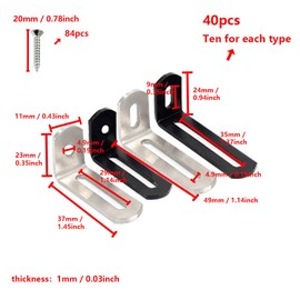 ONEBO 4 styles, 10 pieces each, total 40 pieces L bracket, shelf brackets, metal angle 90 degrees, suitable for bookshelves, exhibition stands, garden shelves, etc. (black and silver)