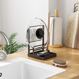 PINC® Multifunctional Spoon Stand and Lid Rest - Kitchen Utensil Rest - Mobile Tablet Holder - Book Holder for Kitchen Notebook (Black)