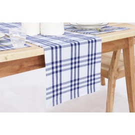PurpleEssences Homestead Plaid Table Runner 14 x 108 inch Classic Farmhouse 100% Cotton Checkered Table Runner Spring Summer Easter - Blue and White