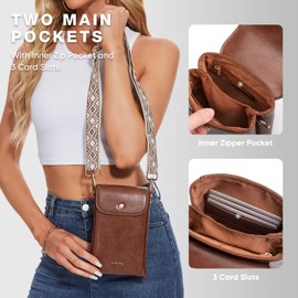 Vulkitty Small Crossbody Phone Bag Vegan Leather for Women with Wide Strap and Double Pockets for Travel and Daily Use, Brown