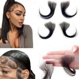 Ysdqs Hair Edges Hair Top Swiss HD Lace 100% Real Human Hair Reusable Breathable Invisible Lace Hairline Baby Hair Stripes Natural Black Curly Baby Hair for Women (4pcs)