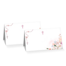 Baptism Table Place Card, Blush Pink Cross Tent Style Cards Set, Blush Pink Floral Editable Name Cards for Table Seating, 25 Pcs Food Labels for First Holy Communion, Christening, Birthday (03)