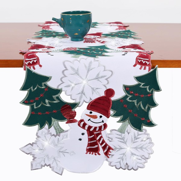 Snowman Table Runner Christmas Tree Green Snowflake Table Decorations Embroidered
