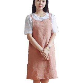 Adjustable Japanese Style Kitchen Apron Cotton Linen with 2 Pockets Pinafore Apron for Women Chef Waitress Hairdresser Fits for Grill, Lacquer and Cross Back H Shoulder Strap Orange Red