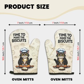 GOSJINNK 2 Pcs Cute Cat Oven Mitts Gifts - Time to Make The Biscuits - Heat Resistant Oven Mitts with Silicone Non-Slip Texture, Hanging Loop - Funny Baking Gifts for Hostess, Baker, Chef, Cat Lover