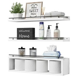 WOPITUES Floating Shelves for Wall 24 inch with Cube Shelf, Wall Shelves with Metal Rail for Bathroom Decor, Bathroom Organizers and Storage, Over Toilet Shelves, Toilet Paper-White