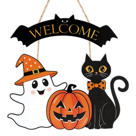 HEYINSHEN - Letrero colgante para puerta de Halloween, diseño de gato negro, calabaza, puerta de Halloween, bienvenida, puerta delantera, corona de fantasma, para puerta delantera, patio, pared