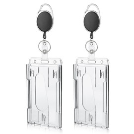 Cobee 2 Pack Hard Plastic Badge Holders with Heavy Duty Badge Reels, Clear ID Card Holder Retractable Badge Reel Clip Thumb Slot Credit Card Protector for Nurse Doctor Teacher Office School(Vertical)