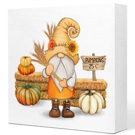 Fall Table Decor,Watercolor Fall Gnome Pumpkin Autumn Harvest Seasonal Thanksgiving Wood Block Sign Desk Decor,Rustic Fall Wooden Box Sign Decor for Farmhouse Home Shelf Table Decoration Q696