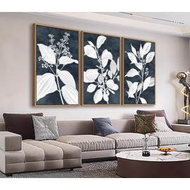 Large Botanical Wall Art for Living Room Natural Wood Float Framed Art Set of 3 White Plant Canvas Pictures Minimalist Artwork Indigo Canvas Prints for Bedroom Home Office Wall Decor 16"X24"X3