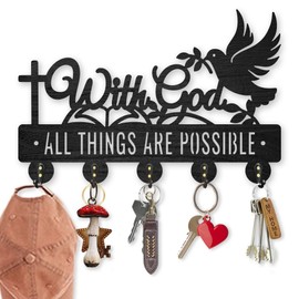 MAYJOYDIY Wood Christian Text Key Hook Inspirational Text Coat Holder for Wall 30×20cm Dove of Peace Cross Black Key Holder with 5 Alloy Hooks for Entryway Bedroom Home Decor