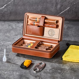 WANTHER Leather Cigar Case, Travel Humidor Holds 6 Cigars, Brown Cedar Wood Box with Cigar Cutter, Humidifier, Lighter & Towel, Portable Cigar Holder for Men, Office & Travel Gift Set, Ideal for Home