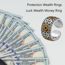 3Pcs Feng Shui Rings Cooper Coin Ring Silver Protection Wealth Rings Luck Wealth Money Ring Adjustable Open Cuff Ring Jewelry Gift for Men Women…