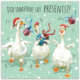 Twizler Funny Christmas Card Geese Presents - Merry Christmas Cards Funny - Xmas Card - Mens Christmas Card for Him Husband Dad Son - Womens Christmas Card for Her Wife Mum Daughter
