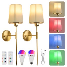 QSDCVIS Gold Wall Sconce 2 Pack, USB Rechargeable Battery Operated Wall Lights, Adjustable Brightness, Elegant Pleated Shade, Indoor Wall Lamps for Bedroom & Living Room