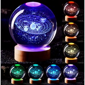 3D Solar System Crystal Ball Lamp,3.15 Inch K9 Crystal Ball Night Light with Wooden Base,16 Colors Changing with Remote Control,3D Planet Laser Engraving Holographic Light (Solar System)