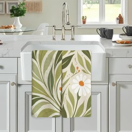 Flowers and Plants Pattern Kitchen Towels Set of 2, with Fixed Clips 18x30in Microfiber Dish Towels- Highly Absorbent, Quick-Drying, Reusable Kitchen Dish Towels (Geometrical Sage Green)