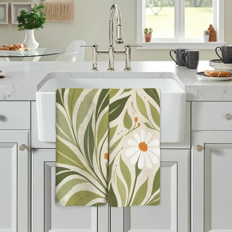 Flowers and Plants Pattern Kitchen Towels Set of 2, with
