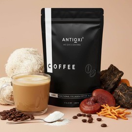 Antioxi Collagen Mushroom Instant Coffee Blend, Arabica Coffee with Lion’s Mane, Reishi & Chaga Mushroom Extracts, Bovine & Marine Collagen Peptides, 75g Powder