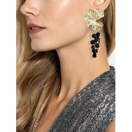 Unimooie Vintage Gold Women's Boho Tassels Earrings Colorful Crystals Drop Bohemian Bead Stud Long Dangle Statement Earrings Lotus Leaf Black Beads 10.5CM