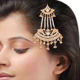 I Jewels Gold Plated Indian Wedding Bollywood Mughal Beautiful Long Pearl Kundan Jhumar Passa/Jhoomar Maang Tikka for Women (T2464-47-55), FS, Metal, No Gemstone