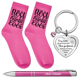 Tenare 4 Pcs Auntie Socks Xmas Gifts Set Auntie Key Ring Thank You Auntie Pen from Niece Nephew Keychain with Greeting Card Christmas Birthday Presents(Pink)