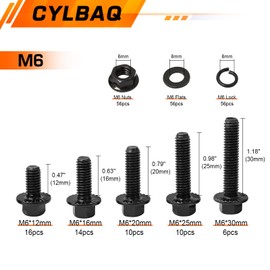 CYLBAQ 224PCS M6 Flanged Hex Bolts Nuts and Washers Assortment Kit, 10.9 Grade Carbon Steel Metric Flanged Hex Screws Bolts and Nuts Kit 12mm 16mm 20mm 25mm 30mm