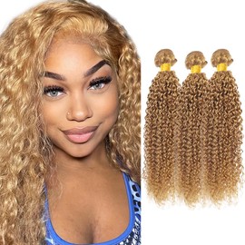 22 24 26 Inch Color 27 Human Hair Bundles Honey Blonde Kinky Curly Bundles Human Hair #27 Wet and Wavy Bundles Grade 8A Remy Honey Blonde Bundle Human Hair Weave