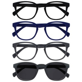 OPULIZE Pop 4 Pack Reading Glasses With Sun Reader Retro Round Smooth Matt Black Blue Grey Mens Womens RRRS2-1377 +3.00