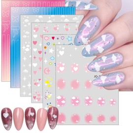 6 Sheets Colorful Clouds Star Nail Stickers Yellow Moon Heart Decals Pink White Heart Nail Supplies 3D Self-Adhesive Gradient Blush Star Nail Accessories Summer Nail Manicure Decors for Women Girls