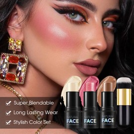 LSxia 3Pcs Cream Contour Stick Makeup Kit - Cream Blush Stick Highlighter Stick Contour Bronzer Stick for Cheeks, Waterproof Long Lasting Blendable, Contour Stick Trio for Face Makeup (#01, 03, 04)