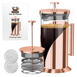 Cafe Du Chateau Stainless Steel French Press Coffee Maker 34 oz - Easy to Use Insulated Coffee Press with 4-Level Filtration, Manual Brewer for Tea, Camping & Travel with BPA Free, Durable Clear Glass