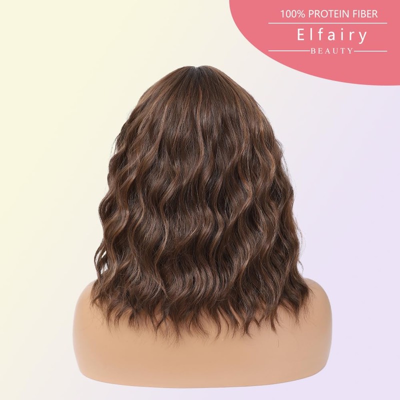 Brown Highlights Wig with Bangs for Women,12 Inch Wavy Bob