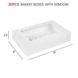 VGOODALL 20PCS Cookie Boxes with Window, White Treat Boxes Bakery Boxes For Desserts Pastries Pies Cakes Muffins Chocolate Strawberry 12"x 8"x 2.5"